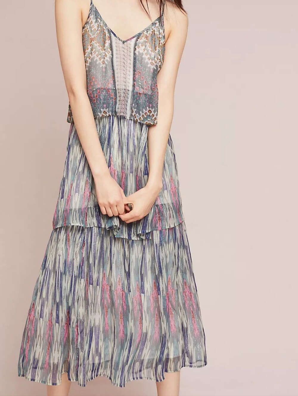 NWT Anthropologie Meadow Rue Josie Metallic Tiered Maxi Dress Size 8
